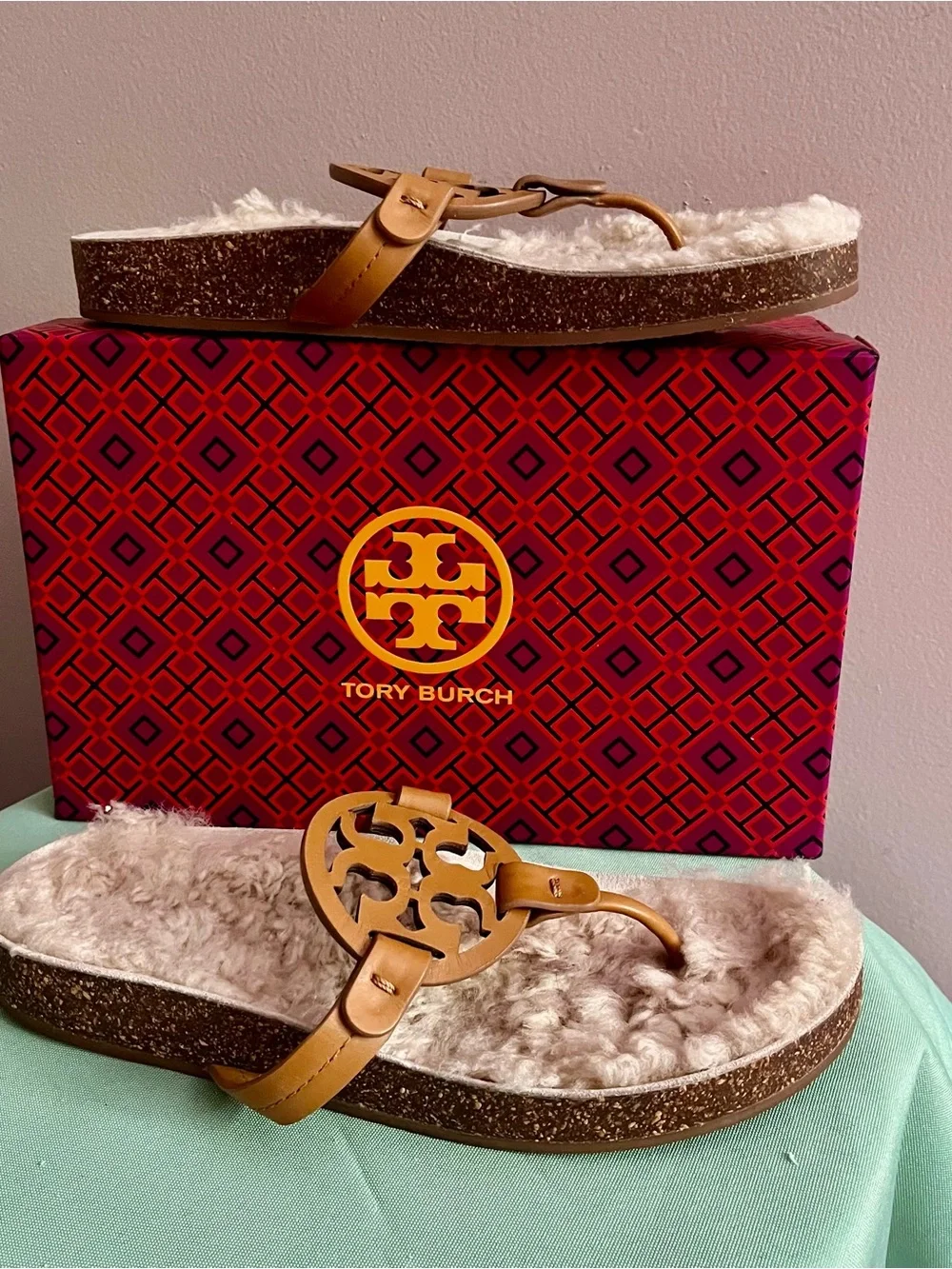 Tory Burch Tan Leather Logo Shearling Thong Sandals